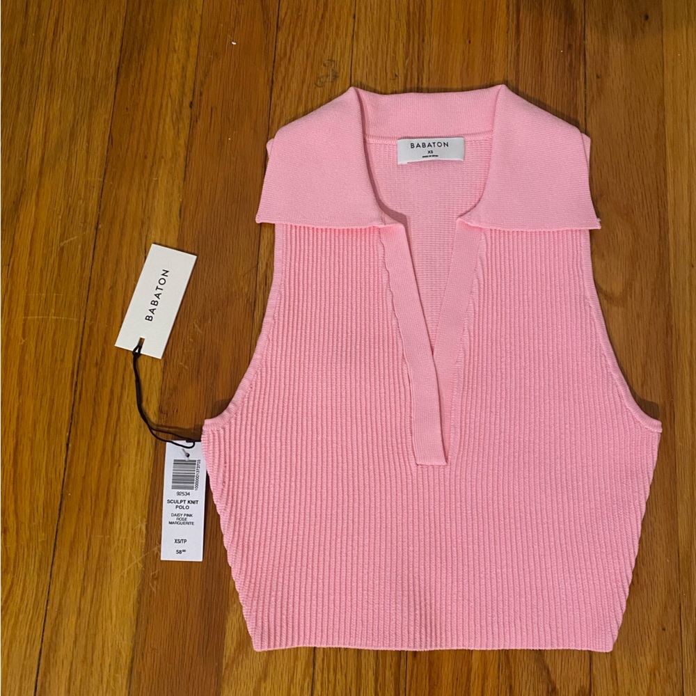 Aritzia Babaton Pink Ribbed Sleeveless Polo Crop Top